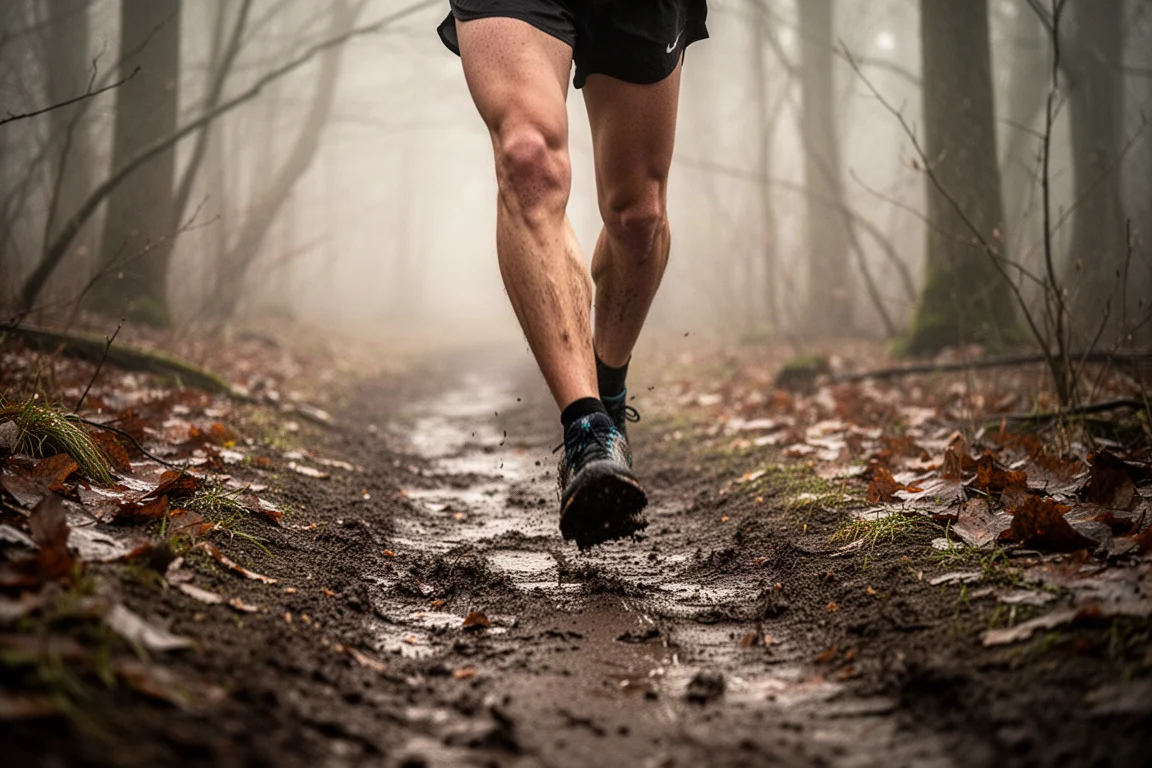 Trail runner moving along a muddy woodland path in soft morning light