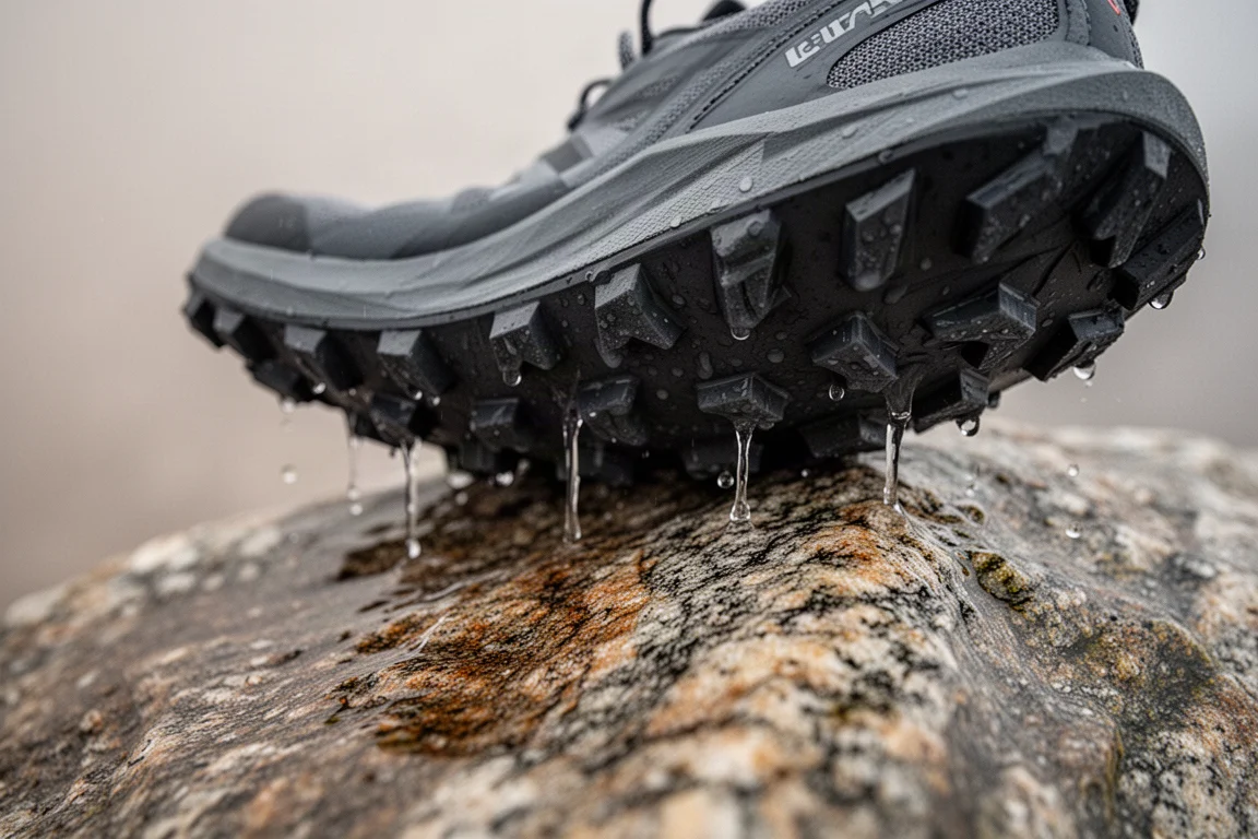 Close-up of a trail shoe outsole showing deep lugs on wet rock