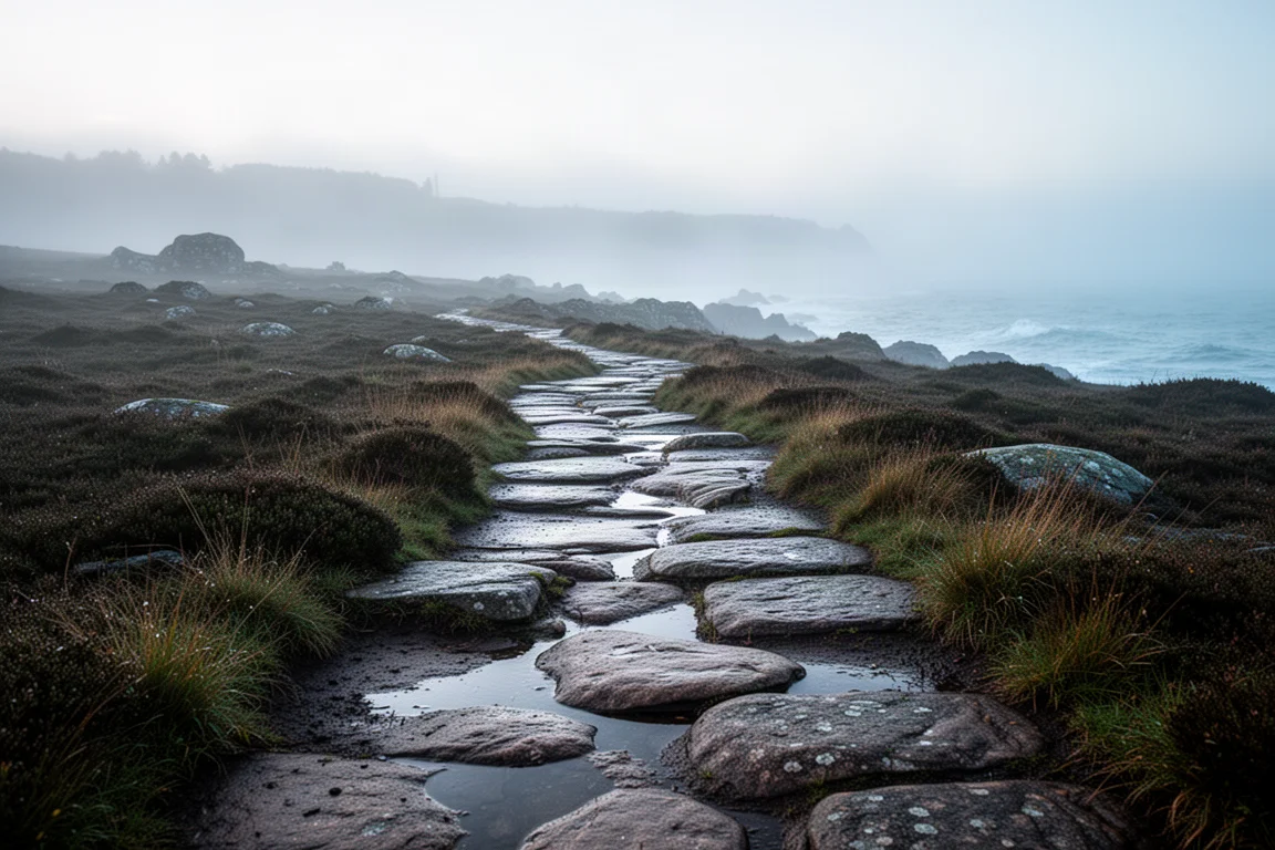 Wet rocky coastal trail winding through moorland at dawn