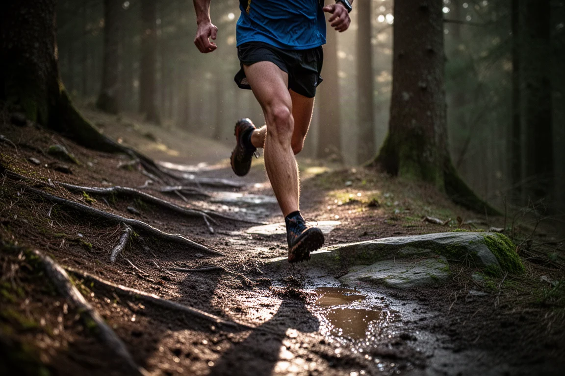 Trail runner striding downhill on a damp forest trail in low evening light