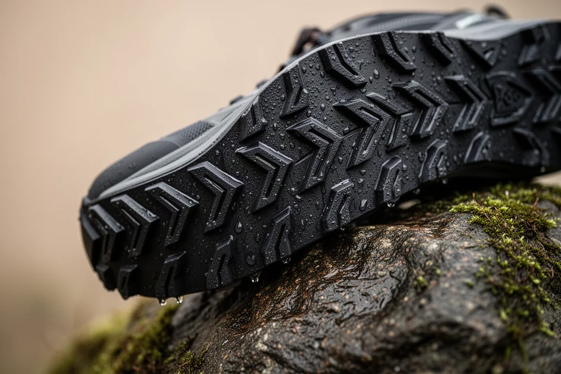Gros plan sur la semelle extérieure d'une chaussure de trail montrant des crampons en chevrons sur roche mouillée