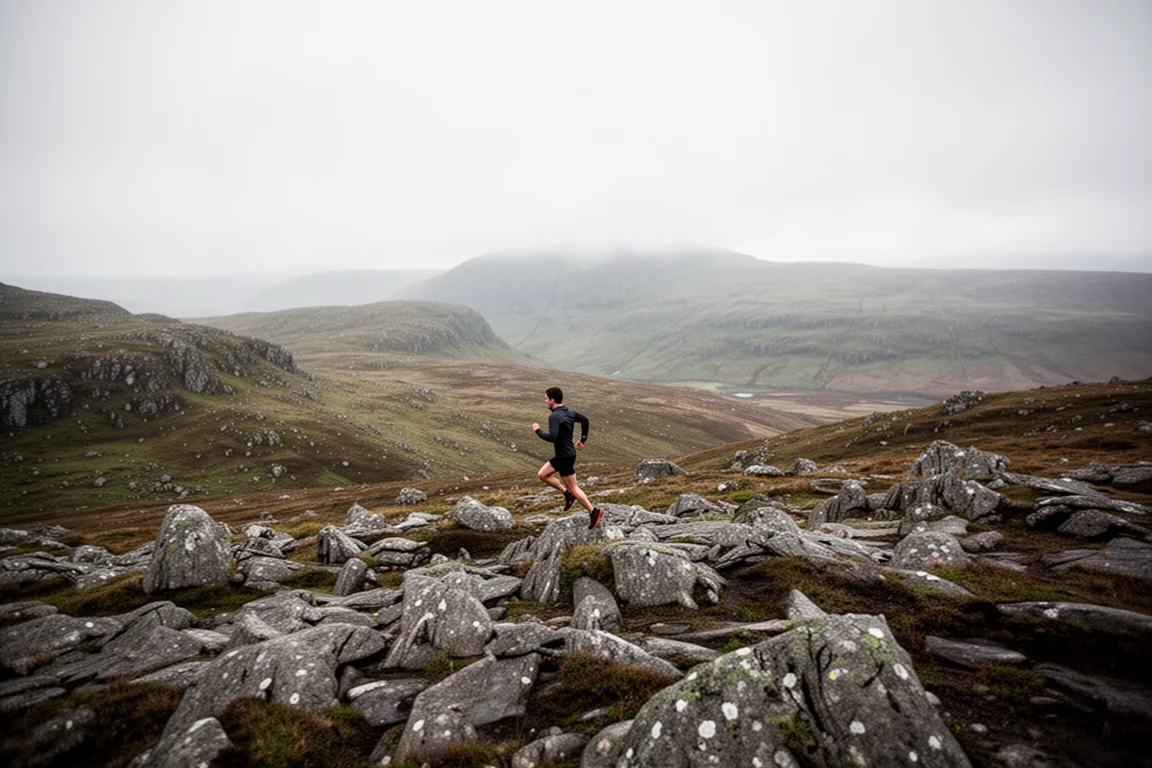 Coureur traversant un terrain montagneux rocailleux lors d'une longue course en montagne