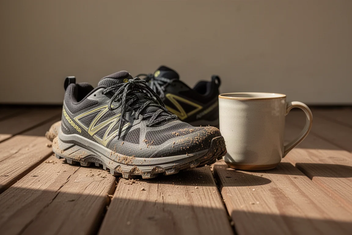 Chaussure de trail posée sur un porche en bois après une course à côté d'une tasse de café