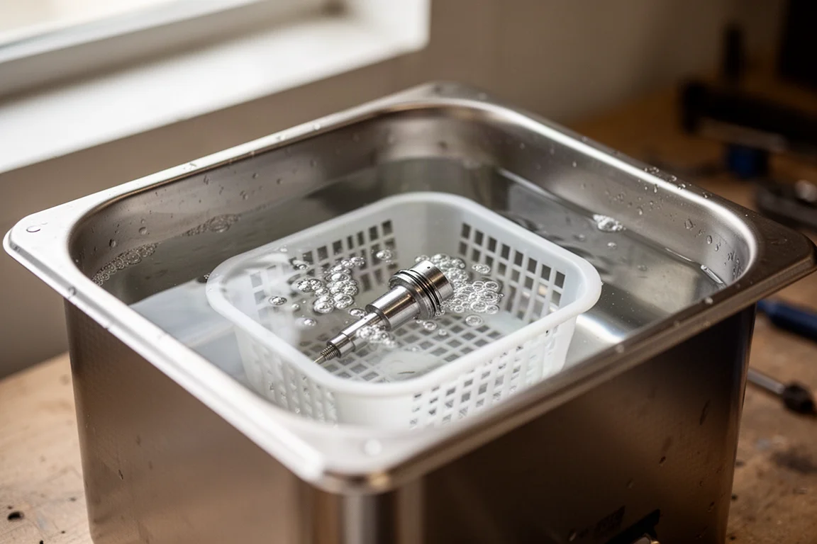 Vasca della pulitrice ultrasonica piena d'acqua con un pezzo metallico in un cestello di plastica