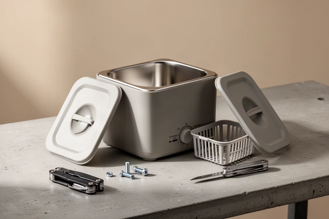 Compact stainless steel ultrasonic cleaner with plastic basket on a concrete workbench