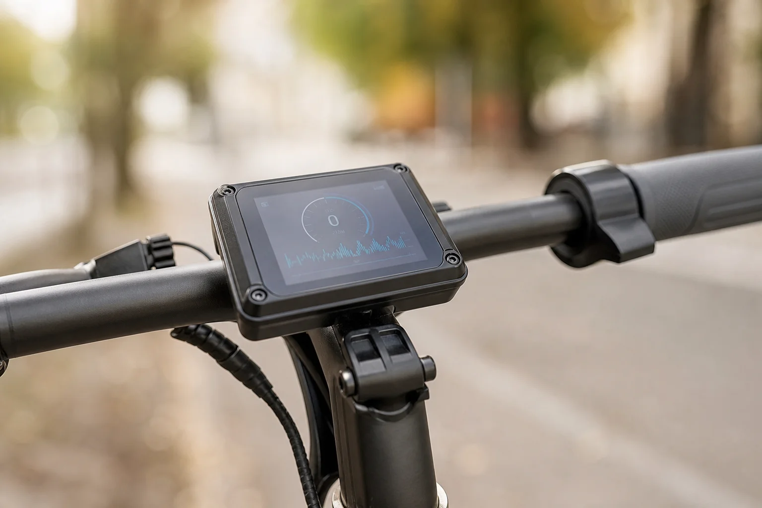 Dataloggare monterad på styret på en elsparkcykel under hastighetstest