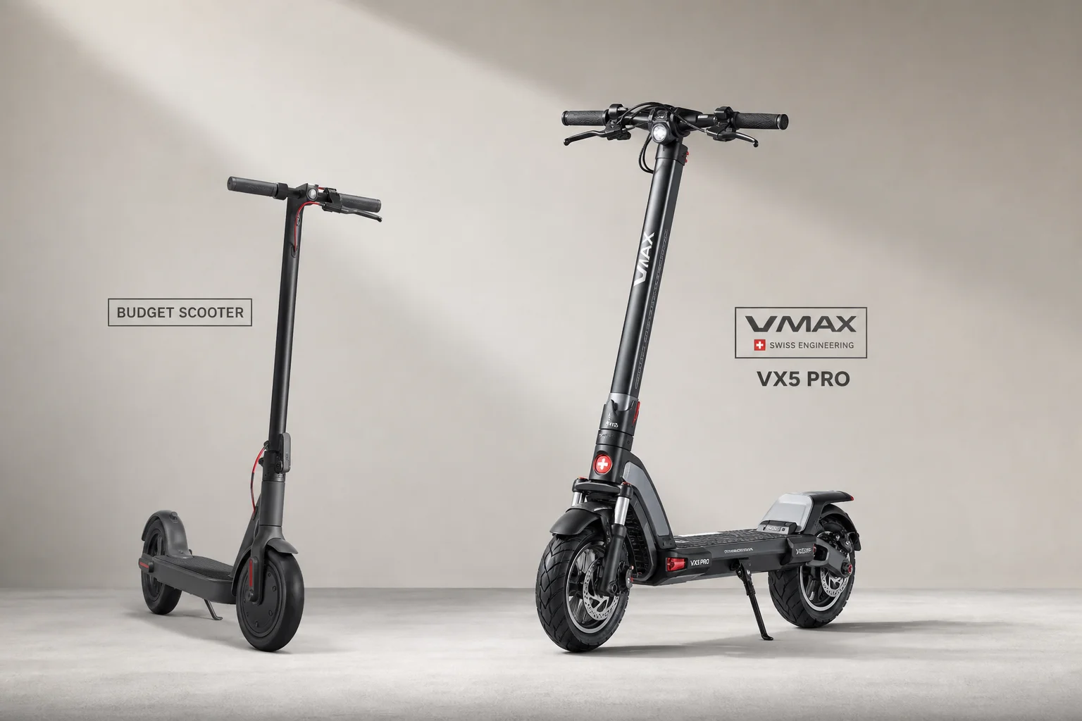 Budget-elsparkcykel och VMAX VX5 Pro sida vid sida mot en neutral bakgrund