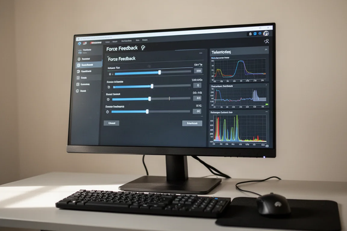 顯示器上的模擬賽車軟體介面,顯示力回饋設定和滑桿
