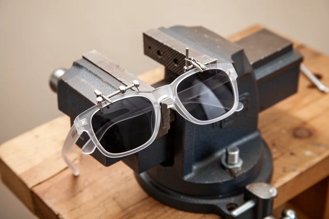 Werkstatt-Schraubstock, der eine Sonnenbrille mit Kunststoffrahmen sanft zwischen weichen Pin-Backen hält