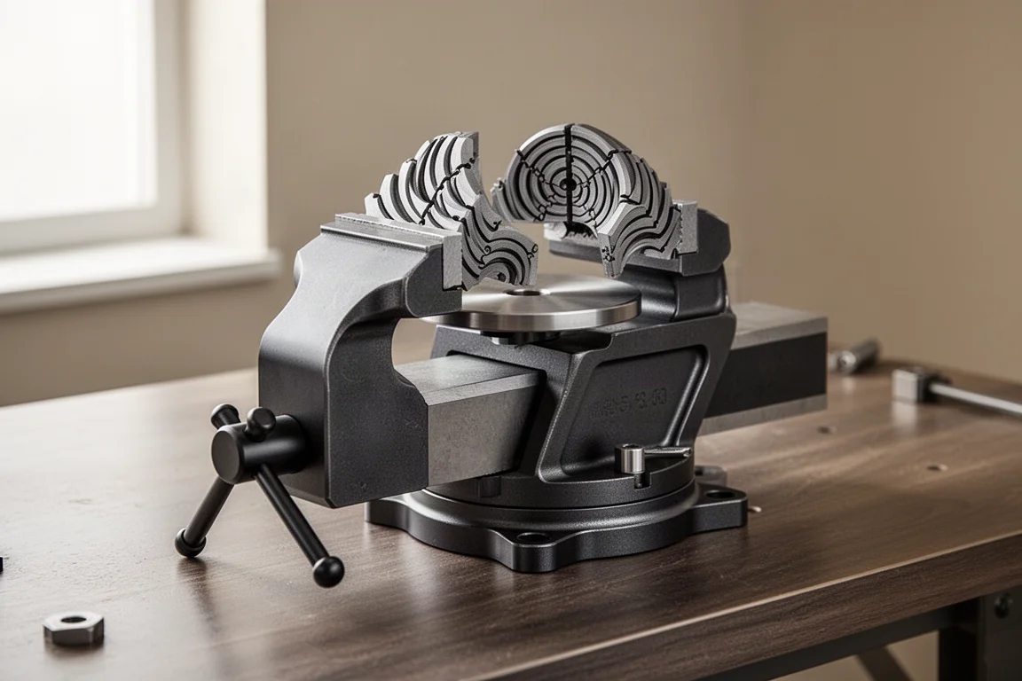 Vode Mac AxiGlide machined vice with fractal jaws on a workshop desk