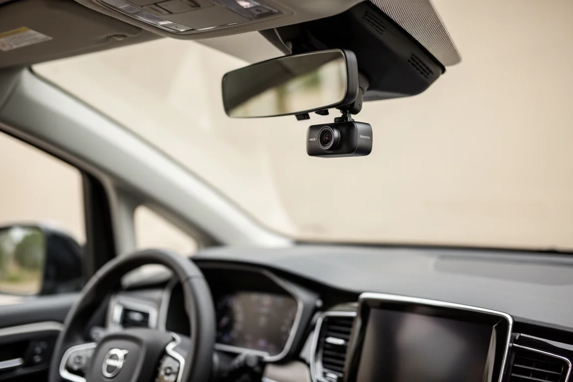 Dash cam mounted behind a rearview mirror in a rental minivan