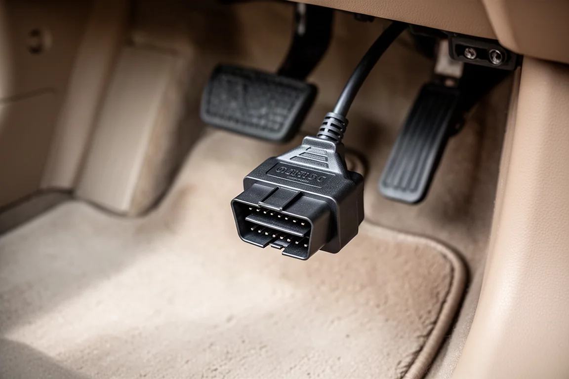 OBD2 connector plugged into a port near the pedals of a car
