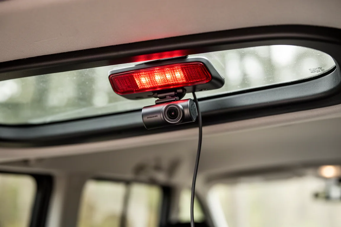 Rear dash cam mounted on a minivan rear window near the brake light