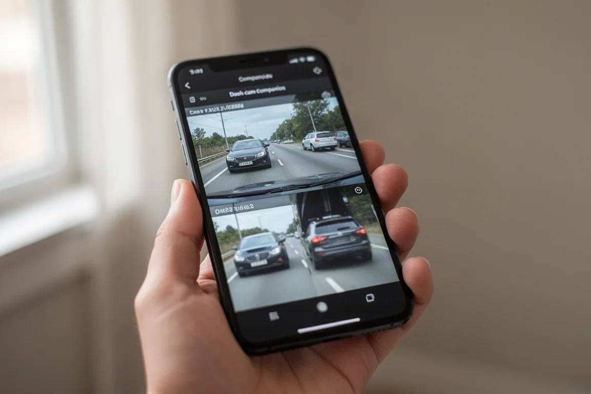 Dash cam app interface showing front and rear camera live views