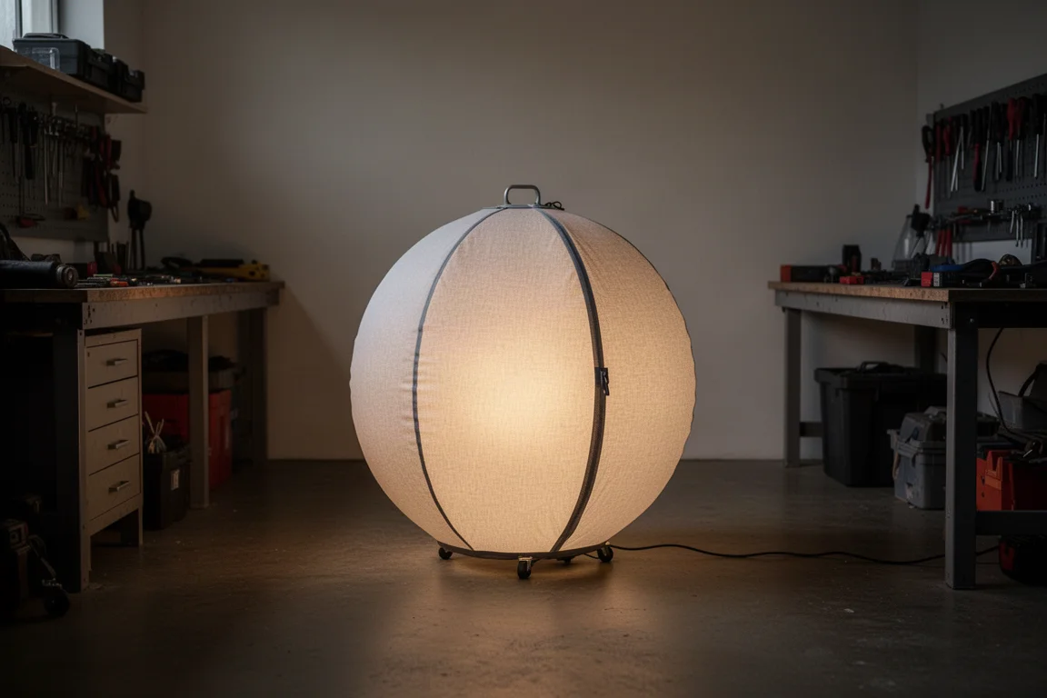 Inflatable spherical LED light glowing brightly in a dark workshop