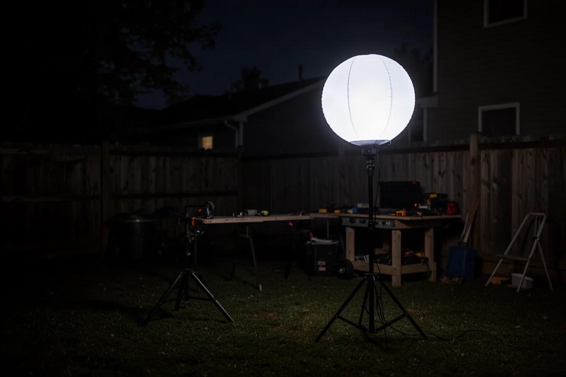 Outdoor work area at night fully illuminated by the spherical light
