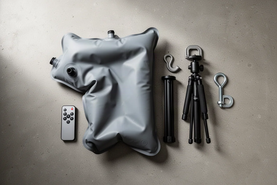Remote control and mounting hardware laid out next to the deflated light bag