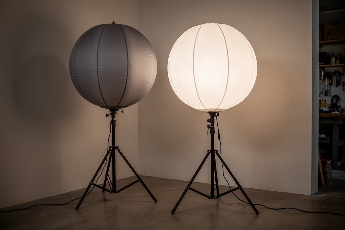 Inflatable spherical LED work light glowing on a tripod in a dim workshop