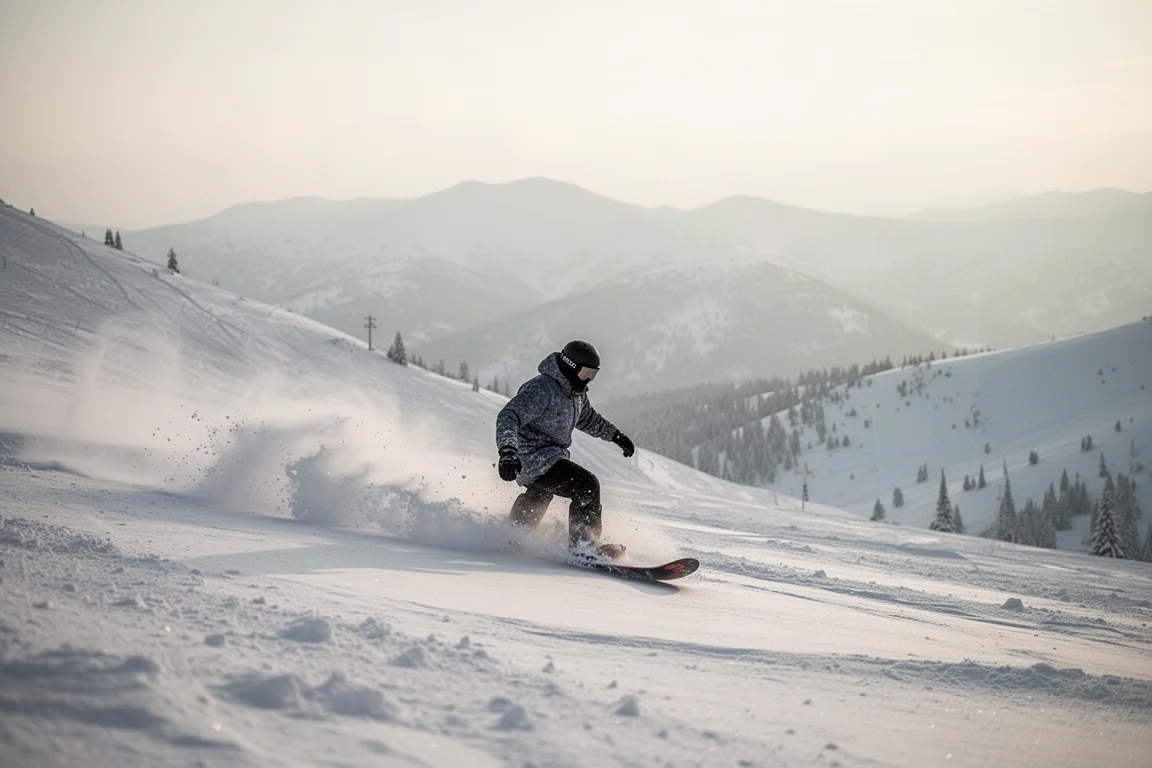 Snowboarder fährt bei weichem Morgenlicht durch Tiefschnee