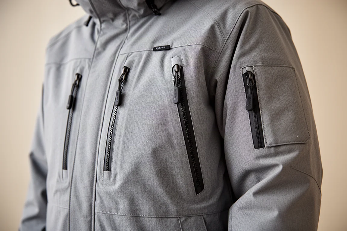 Nahaufnahme von Brusttaschen und wasserdichten Reißverschlüssen an einer Snowboard-Jacke