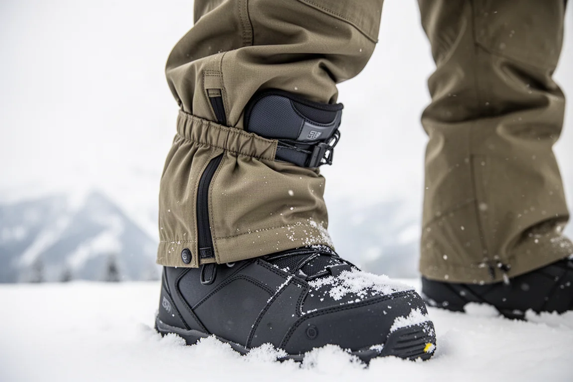 Snowboard-Boot mit eng über ihm festgezogenem Hosenbund