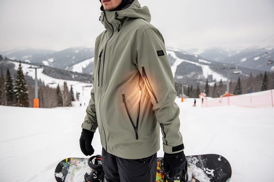 Snowboarder öffnet während der Abfahrt Belüftungsreißverschlüsse unter den Armen