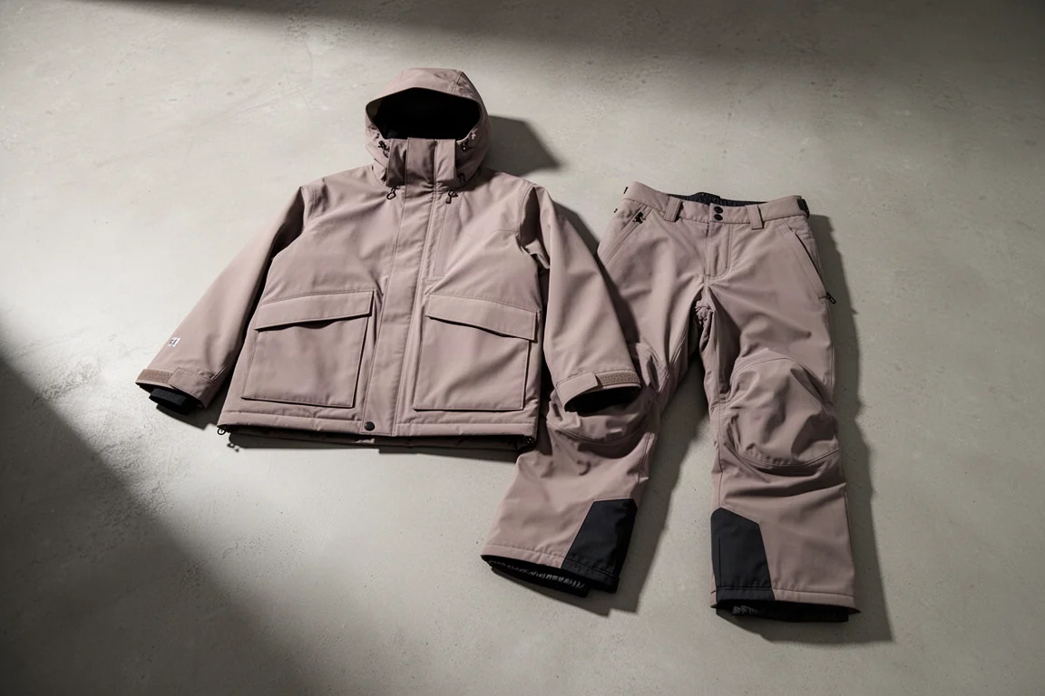 Volcom snowboard jacket and baggy snow pants arranged on a concrete surface