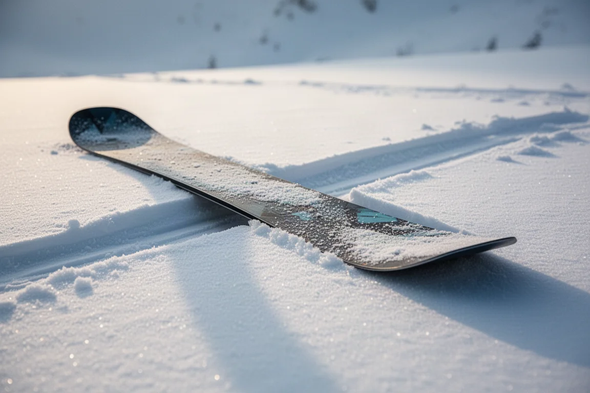 Breiter Freeride-Ski liegt auf frischem Pulverschnee, die Schaufel über der Oberfläche angehoben