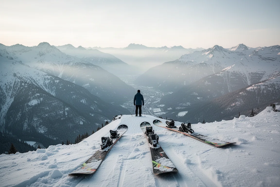 Skifahrer in der Ferne steht auf einem Grat über einem dunstigen Alpental, breite Ski im Schnee