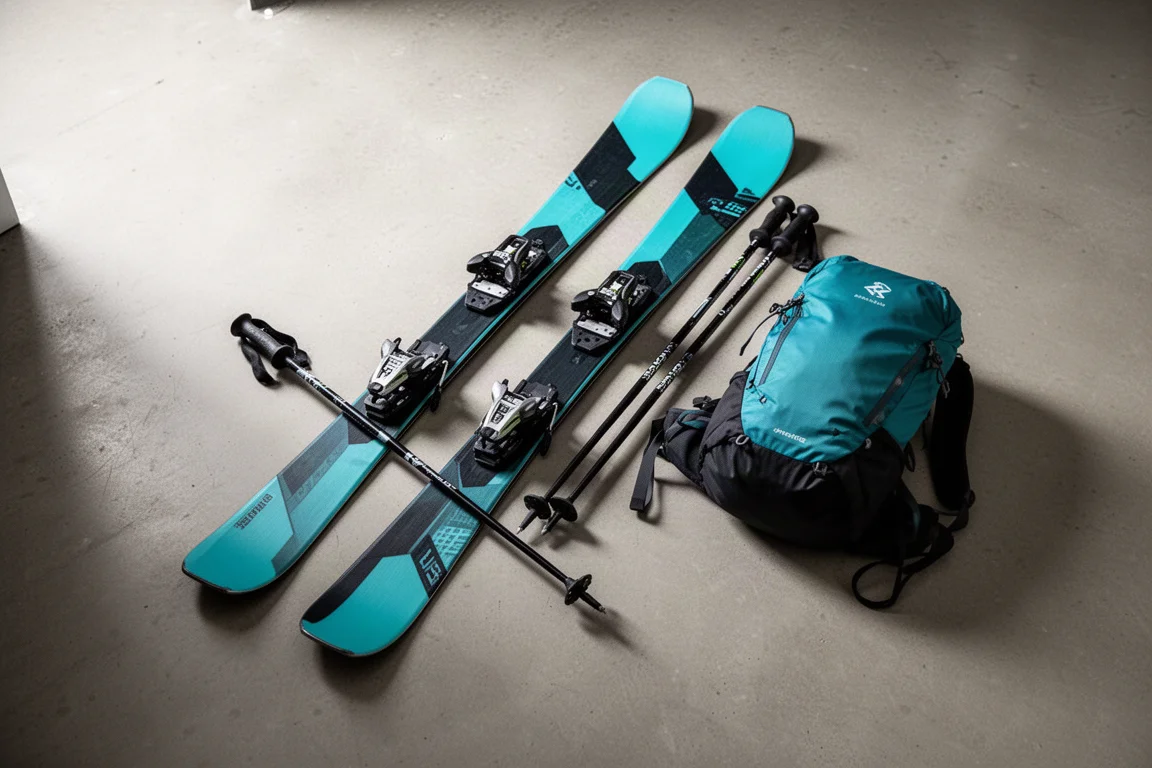Flat-Lay von oben: breite Ski mit Tourenbindungen, Stöcken und kleinem Rucksack auf Beton