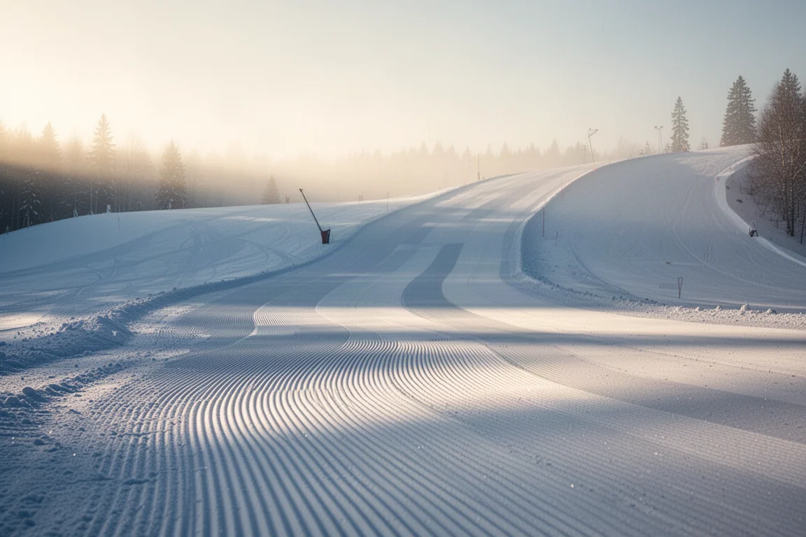 Narrow all-mountain skis leaning against a wooden rack at a snowy resort base area