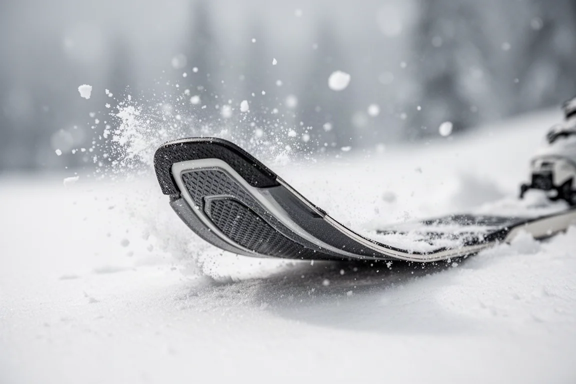 Close-up of a ski tip resting on packed snow showing low-splay rocker and a rubber insert