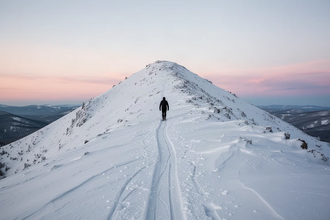Skier ascending a groomed dawn trail on touring gear with pine trees along the edge