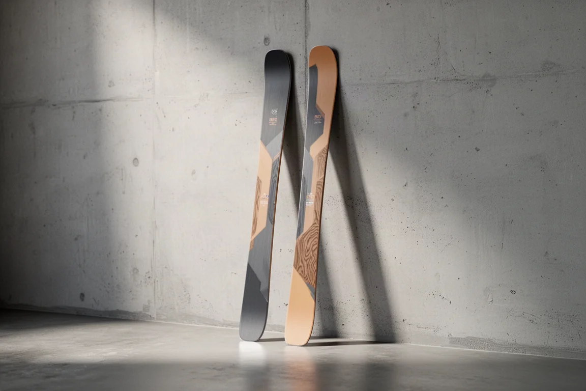 Pair of narrow all-mountain skis with pale wood-grain topsheets standing on a concrete surface