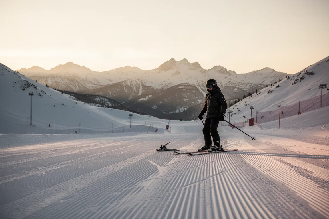 Sciatore in piedi su una pista battuta all'alba con montagne sullo sfondo