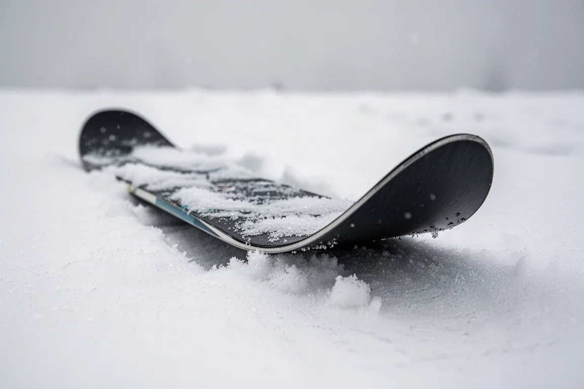 Primo piano della punta di uno sci con profilo rocker appoggiata sulla neve compatta