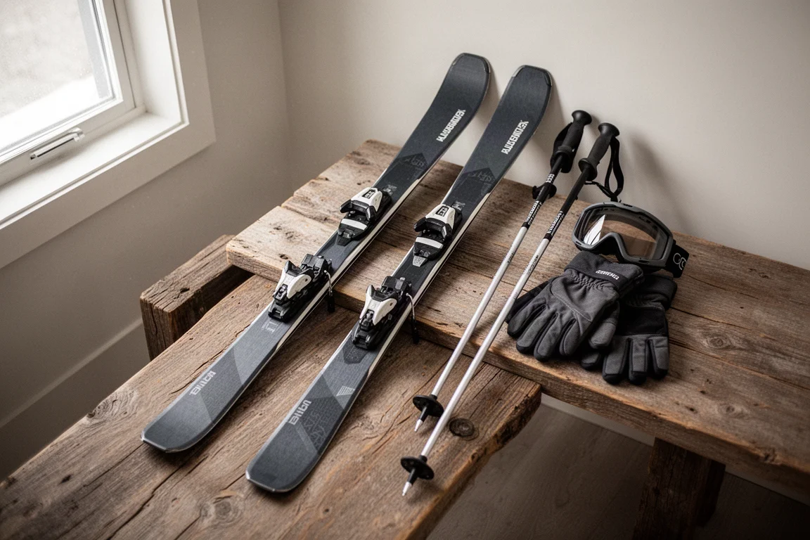 Coppia di sci all-mountain e bastoni disposti su una panca di legno