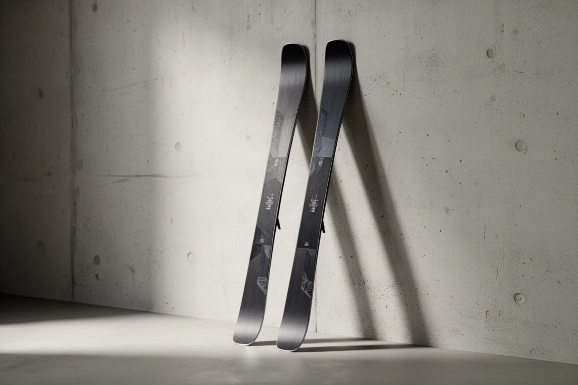 Pair of lightweight all-mountain skis with rockered tips leaning against a pale wall