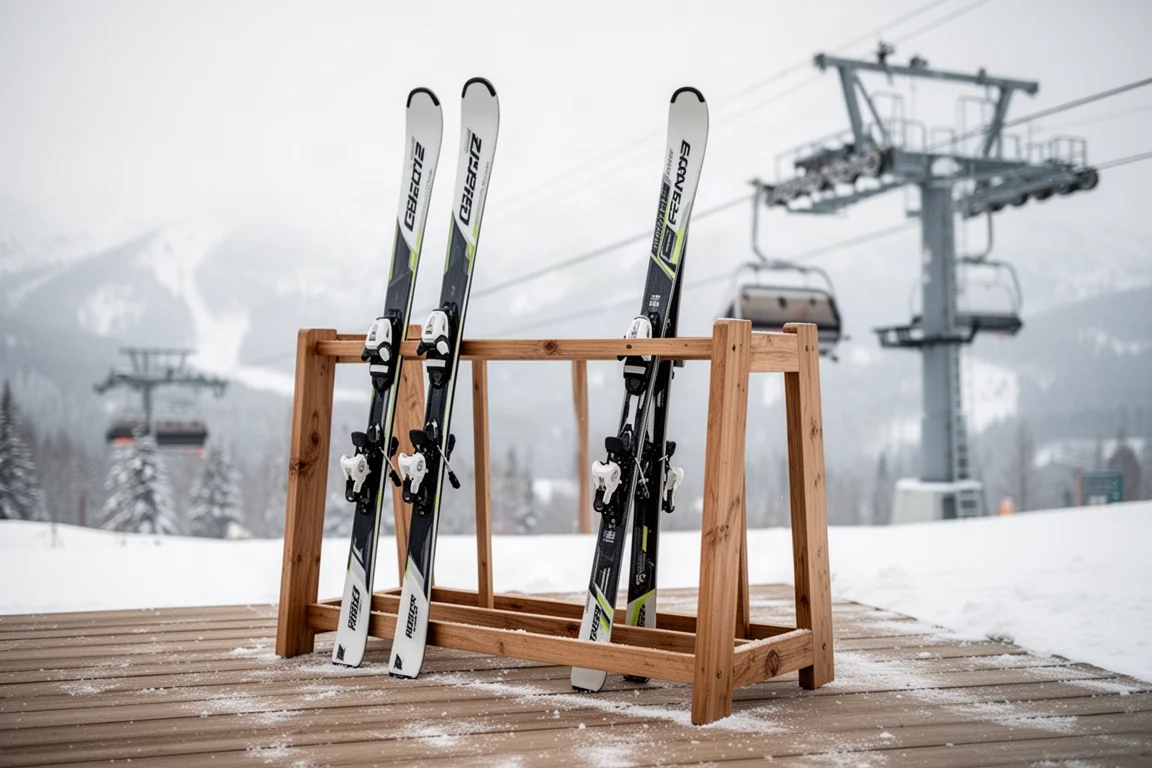 Coppia di sci appoggiata su una rastrelliera in legno accanto a una seggiovia in località sciistica