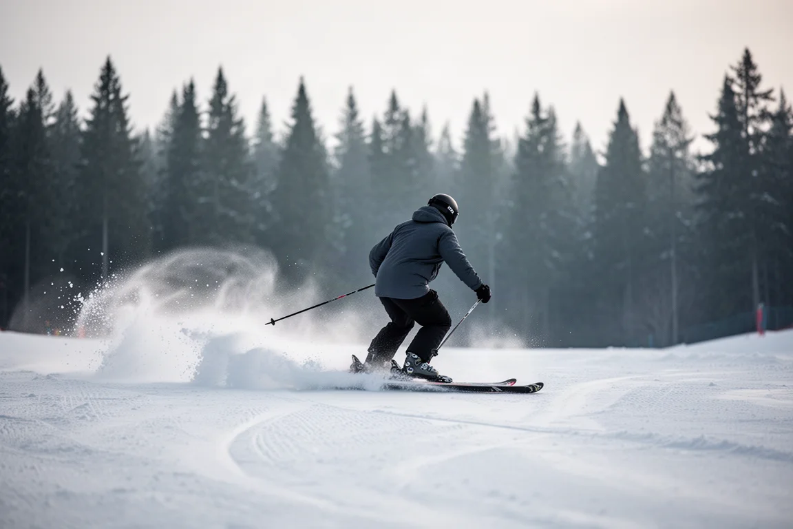 Skifahrerin zieht auf präparierter Piste eine Kurve, Schneegischt hinter den Skispitzen