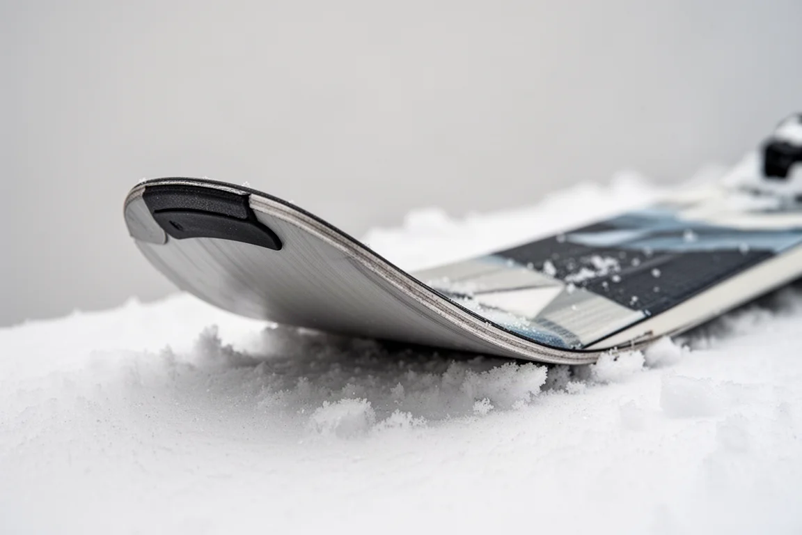 Nahaufnahme einer Skikante im festen Schnee mit sichtbarer mehrschichtiger Sidewall-Konstruktion