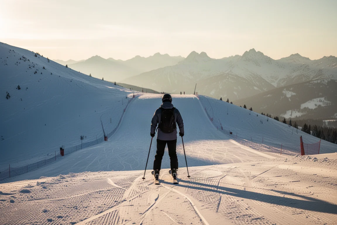 Skifahrerin oben auf einem Grat blickt bei goldenem Nachmittagslicht eine Piste hinab