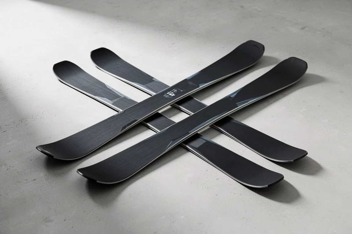 Pair of lightweight all-mountain skis with rockered tips on a matte concrete surface