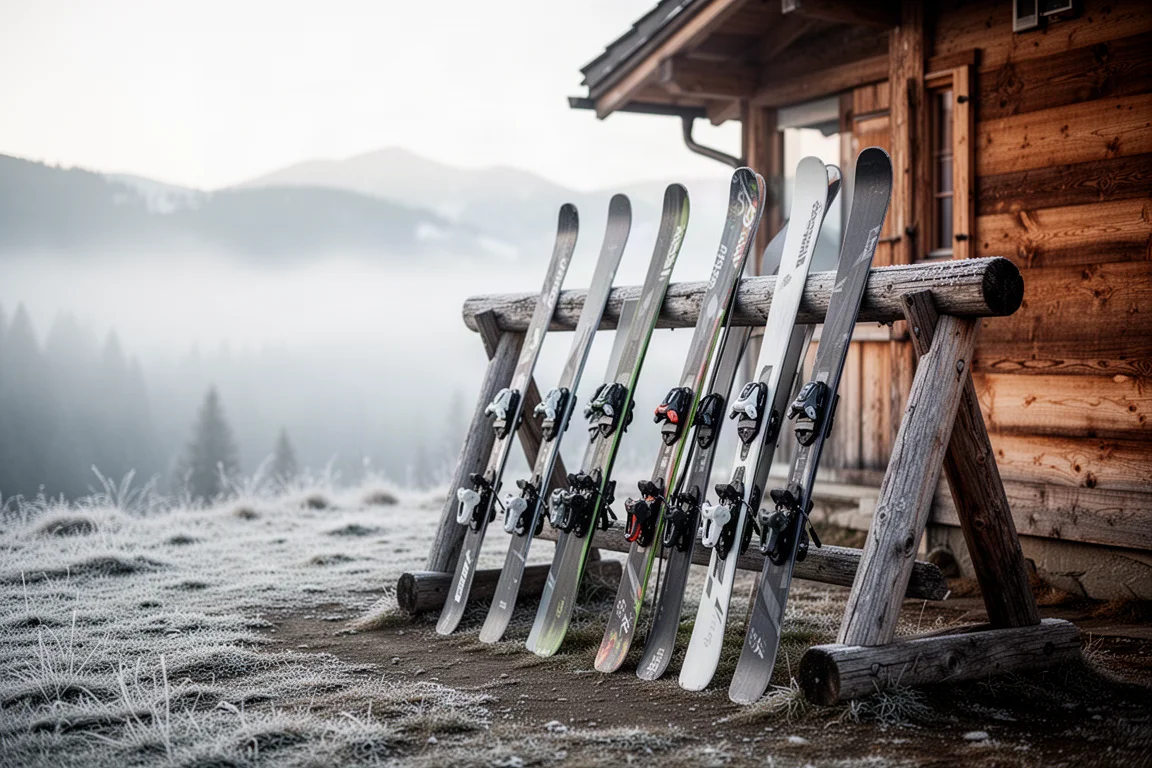 Freeride-Skis lehnen an einem hölzernen Rack vor einer Berghütte im frostigen Morgenlicht