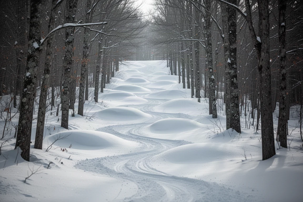Steiles Buckelpiste an einem schmalen, baumgesäumten Skiabhang in weichem Winterlicht