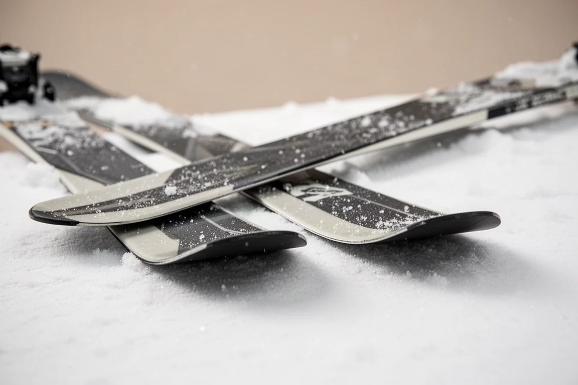 Nahaufnahme der Schwänze von zwei Freeride-Skis mit nebeneinander im Schnee gezeigtem Rocker-Profil