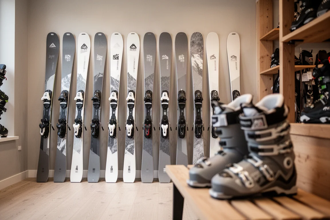 Skishop-Wand mit Freeride-Skis in einer Reihe und Stiefel auf einer Bank im Vordergrund