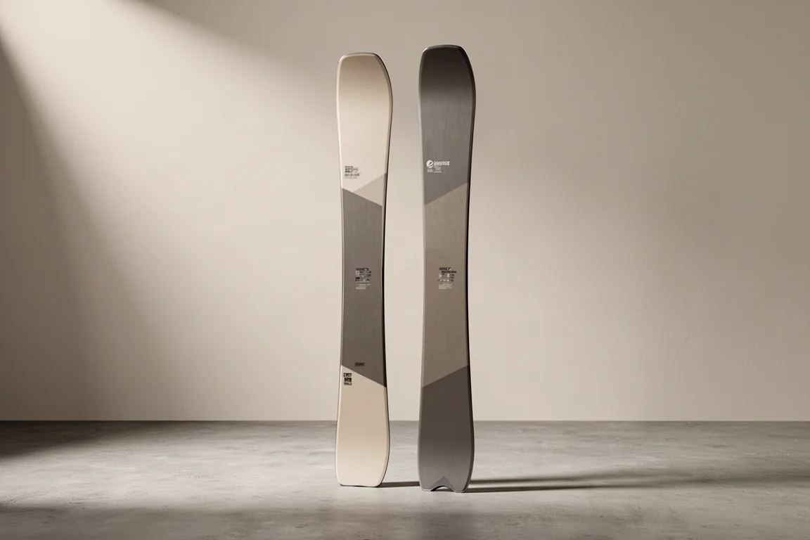 Two pairs of freeride skis standing upright on a concrete studio surface