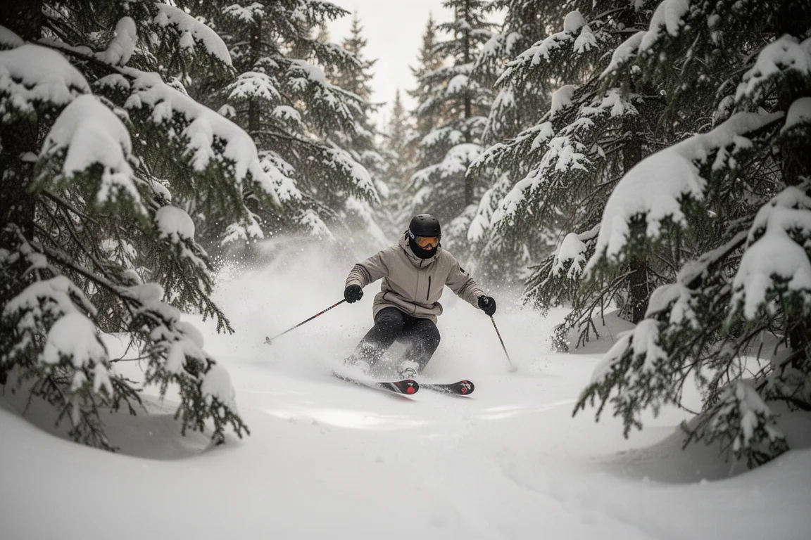 Skieur enchaînant des virages rapides dans des sous-bois serrés sur neige fraîche