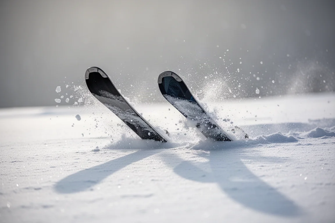 Gros plan sur des spatules de ski tranchant la poudreuse fraîche